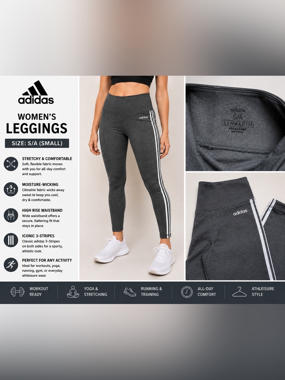 Adidas 3-Stripes High Rise Leggings Gray Women’s Size S/A Climalite Workout Yoga